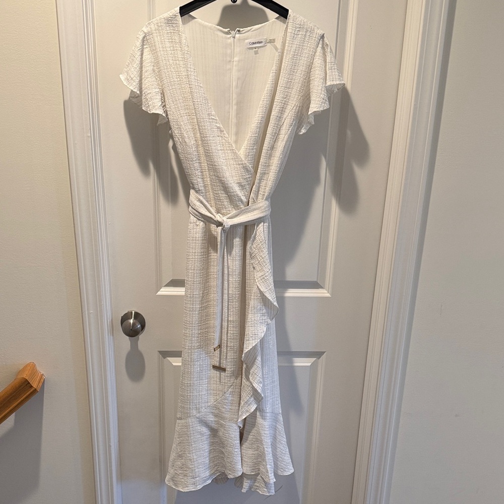 Calvin Klein Textured Wrap Midi Dress | Cream & Gold